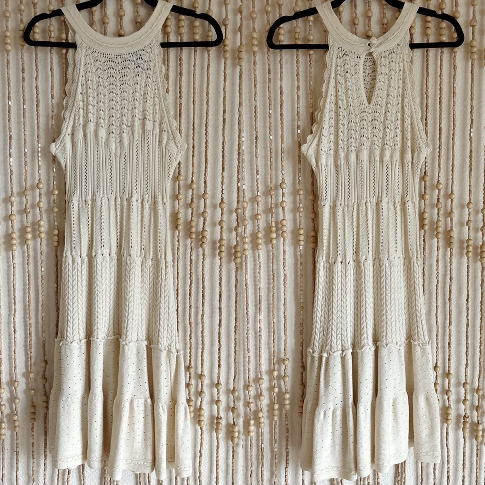 Ivory Crochet Knit Cotton Prairie Western Cottage Scalloped Tiered Tank Dress M
